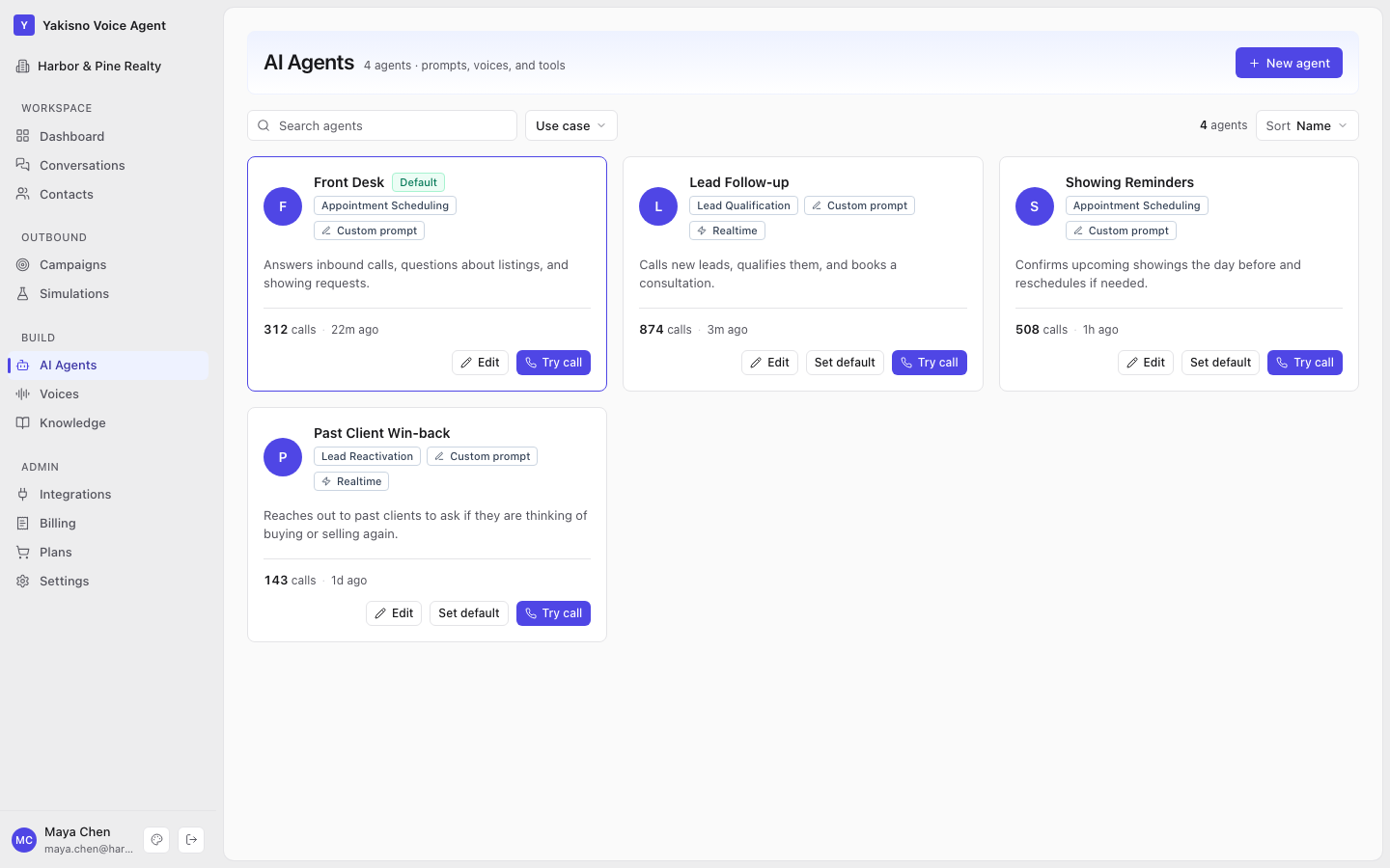 AI Agents page listing configured agents, their models, and usage