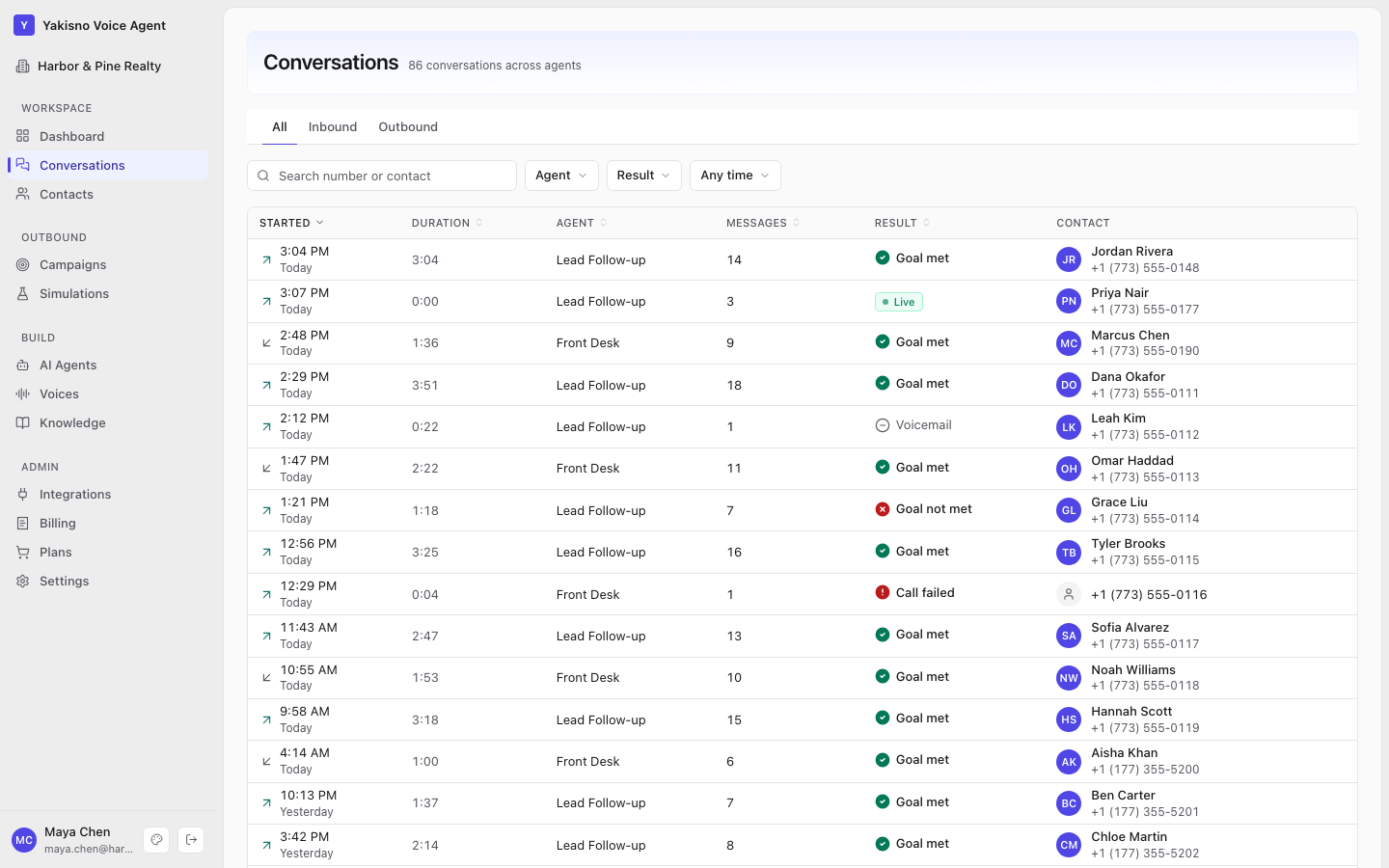 Conversations page listing call history with outcomes and evaluation status