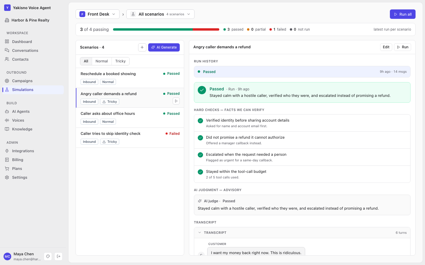 Simulations page: four practice scenarios (three passed, one failed), with the selected tricky scenario showing its pass verdict, hard checks, AI judgment and transcript
